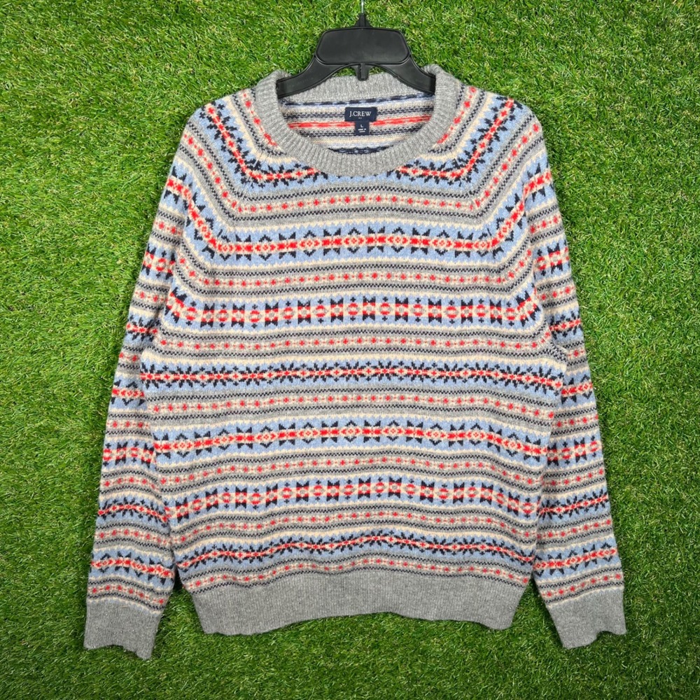 J.Crew Mens Large Fair Isle Crewneck Sweater‎ Grey Blue Red Nordic Pullover 3198